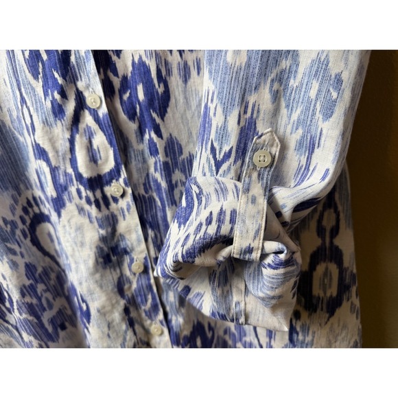 Chico's Womens No Iron Linen Ikat Print Button Down Shirt Blue White Size 3XL - Picture 14 of 14